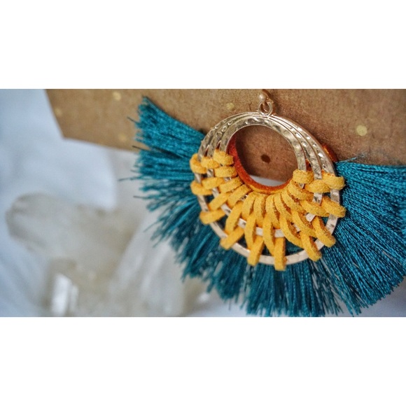 NEW! Emerald Mustard Hoop Tassel Hoop Earrings - Picture 10 of 11